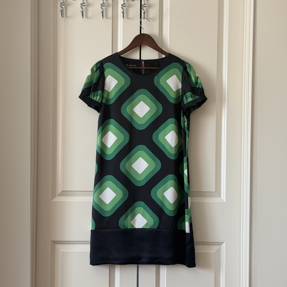 INC Silk A-line Dress Green White Black Geometric Puff Sleeve Midi Women's Sz 10